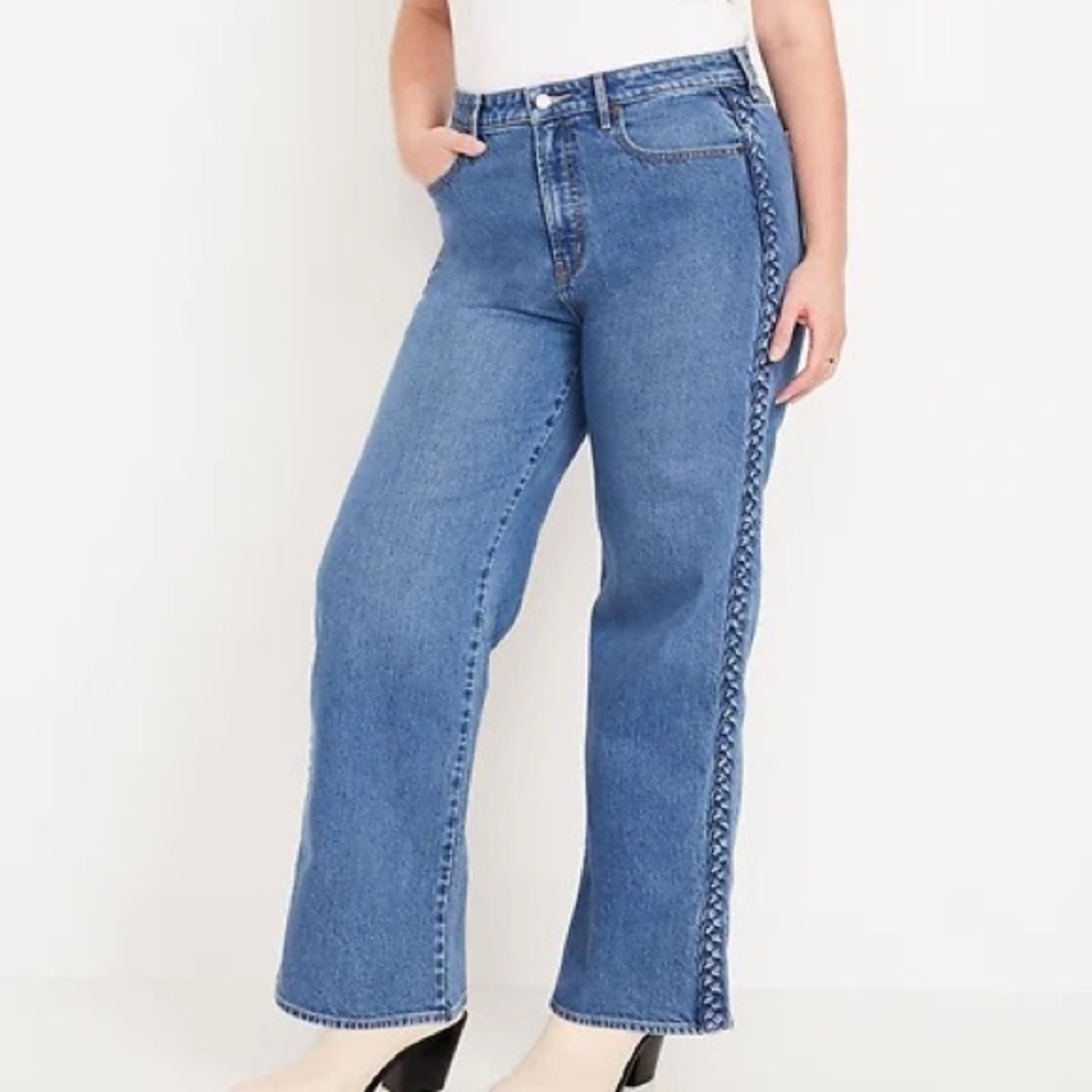 Old Navy Sky-Hi Wide Leg Denim, Braided Side Trim, Boho Chic, Women Size 14